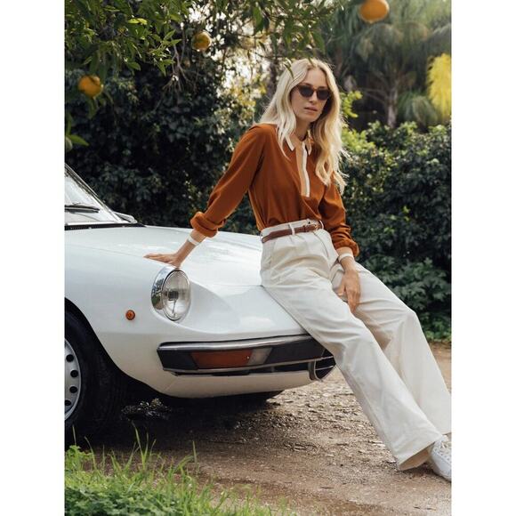 A. Putnam Long Sleeve Polo Golf Shirt in Terra Orange Brown Stripe Trim M - Picture 7 of 14